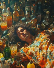 
Morning-after remedies, assortment of drinks, person lying on the floor, comedic expression, vibrant colors, surreal environment