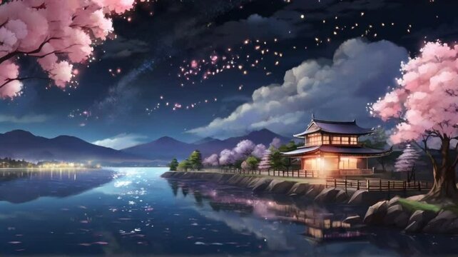 The atmosphere of a lake in Japan at night is quiet and stars are decorated in the sky. Smooth and repeatable animations