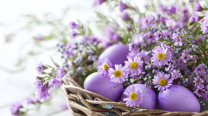Easter basket with purple eggs and daisies, spring decoration, festive holiday background. AI...