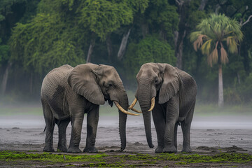 Two African elephants stand face to face, gently touching tusks, against the backdrop of a dense green forest.