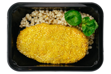 chicken schnitzel with side dish in a lunch box on a white background