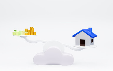 3D models, mockups, business ideas, home loans, home installments, real estate reservations. House model placed on a scale On the other side are money, bills and gold coins. 3d rendering