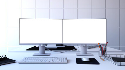 Office with double screen pc, desk, 3d rendering, mockup, blank screen