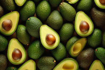 Many avocado fruits, top view, generative ai