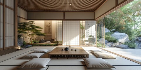 Zen-inspired meditation room with tatami mats, a low wooden table, and sliding shoji screens. Tranquil space with natural elements and soft lighting.