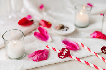 Valentine's Flatlay Cocktail, Candles and Flower Petals