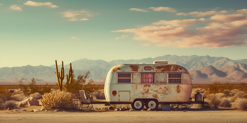 Camper trailer in the desert with cactuses and blue sky,,
Scenic Desert Vista: Mountains on the Horizon