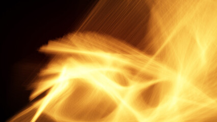 Abstract interpretation of bright and glowing motion blurred orange flames on black background. High resolution full frame modern and dynamic background with copy space.