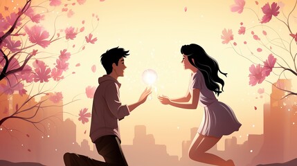   man offering a woman a bouquet of flowers in valentine day,Valentines Day, Propose day,  Valentines Day date. 