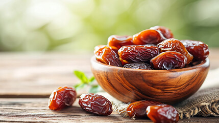Sweet dried dates fruit in a wooden bowl and on the table. Made with generative ai