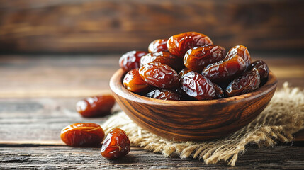 Sweet dried dates fruit in a wooden bowl and on the table. Made with generative ai