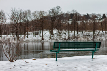 View of bench overlooking pond in winter