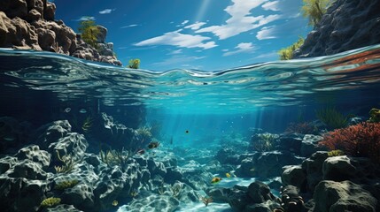 View of the seabed of an underwater coral reef with the horizon and water surface separated by a water line - obrazy, fototapety, plakaty