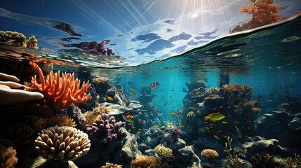 underwater scene with coral reefs and world ocean wildlife landscape