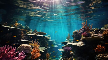 underwater scene with coral reefs and world ocean wildlife landscape