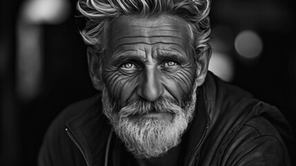 Close up of face  old elderly upset unhappy man with a wrinkled face living alone old man looking badass with a bushy white beard - obrazy, fototapety, plakaty