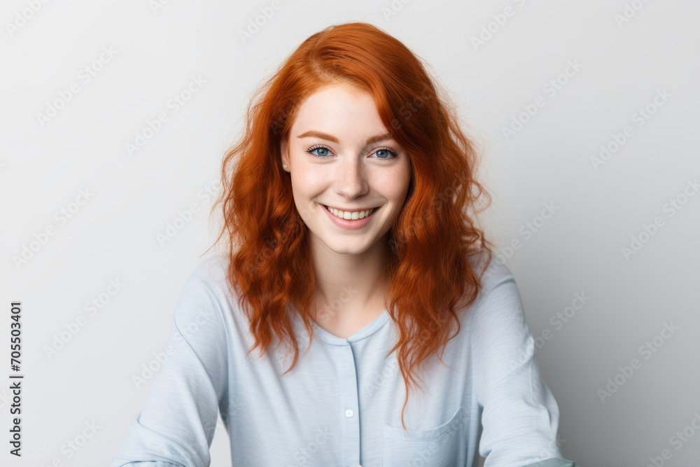 Wall mural smiling young woman with red hair and blue shirt against a light grey background.