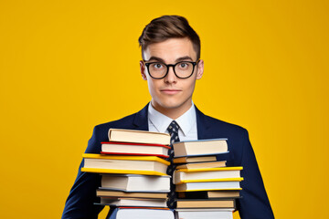 Young man in glasses and suit holding a stack of books against a yellow background.