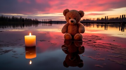  small teddy bear sitting at sunset ,Teddy Day, Propose day, Valentines day