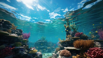 Underwater view of coral reef. Life in tropical waters. - obrazy, fototapety, plakaty