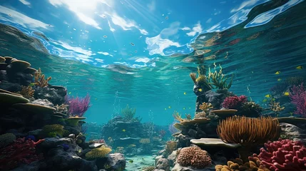 Poster Underwater view of coral reef. Life in tropical waters. © Hnf