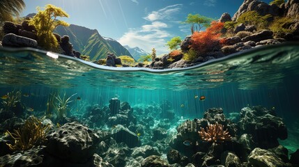 Underwater view of coral reef. Life in tropical waters.