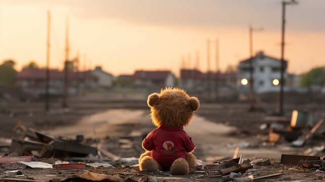 Naklejki   teddy bear sitting on the ground overlooks sunset,Teddy Day, Propose day, Valentines day