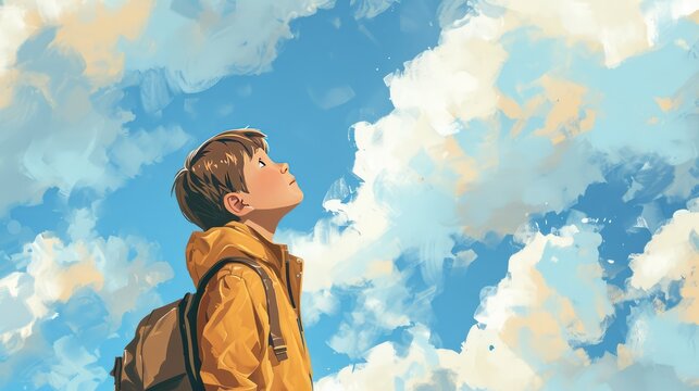 Cartoon little boy looking at the blue sky, AI generated Image