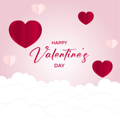 Horizontal banner with pink sky and paper cut clouds. Happy Valentine's day social media post template with hearts and pastel colors.