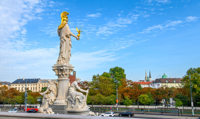 The statue of Athena Pallada goddess front of Austrian Parliament Building in Vienna, Austria