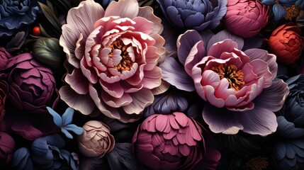 Unusual Floral Pattern. Garden peonies. Blue and pink flowers