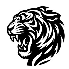 Vector logo of a roaring tiger. Black and white illustration of tiger hiss. vector logo for brand, emblem, tattoo.
