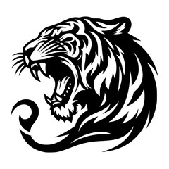 Vector logo of a roaring tiger. Black and white illustration of tiger hiss. vector logo for brand, emblem, tattoo.