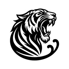Vector logo of a roaring tiger. Black and white illustration of tiger hiss. vector logo for brand, emblem, tattoo.