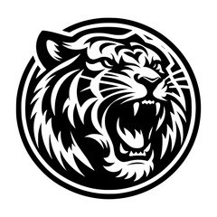 Vector logo of a roaring tiger. Black and white illustration of tiger hiss. vector logo for brand, emblem, tattoo.