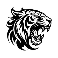 Vector logo of a roaring tiger. Black and white illustration of tiger hiss. vector logo for brand, emblem, tattoo.