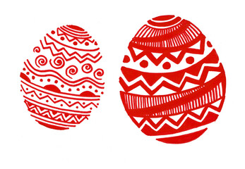 A set of two Easter eggs of different sizes. Filled with geometric ornament. Isolated on white background. The picture is in red. Lines, zigzags, circles, dots, waves, spirals. Doodle.