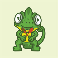 Cute chameleon holding a spoon and fork cartoon vector illustration