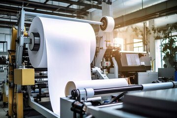 Fototapeta premium Paper production machine. Powerful modern equipment for the production of coated paper. Paper industry.