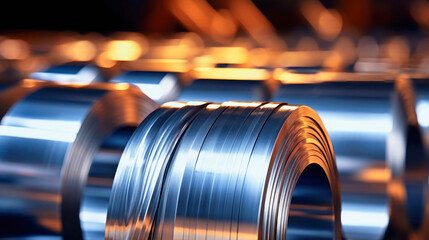 Metallurgical production. Large rolls of shiny aluminum foil or steel. Industrial storage of metal coils. Selective focus