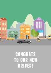 Congrats to our new driver text on grey over colourful street with buildings and vehicles on road
