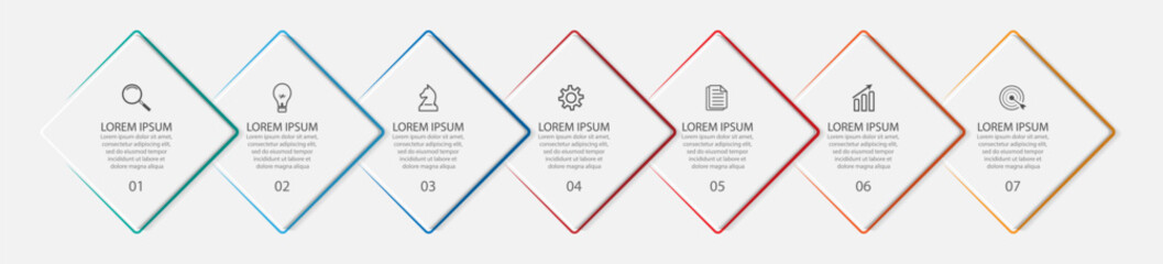 business infographic design 7 parts or steps, there are icons, text and numbers, square design with thin colored lines that are connected to each other for workflow diagrams, banners and your business