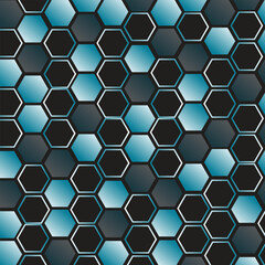 Black background with cyan color hexagon grid. Glowing hex background