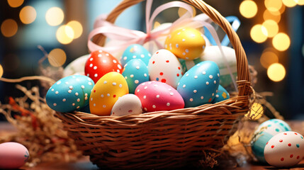 Happy easter. Multi-colored Easter eggs in a wicker wooden basket for holiday decoration. Copy space. Symbol of the resurrection of Jesus.