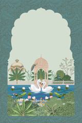 Mughal Garden, lake, swan, peacock, lotus, water lily vector pattern illustration