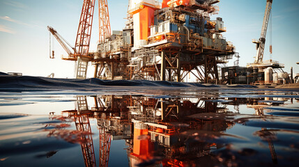 Oil platform in the ocean. Offshore drilling for gas and oil. Large oil platform for oil and gas production. Industrial resource extraction.