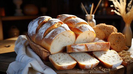 white bread or slices of bread in a basket with a white cloth. - obrazy, fototapety, plakaty