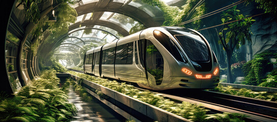 Eco-friendly urban transport: green train in urban landscape, green transport solution, modern urban transportation, environmentally oriented railway system