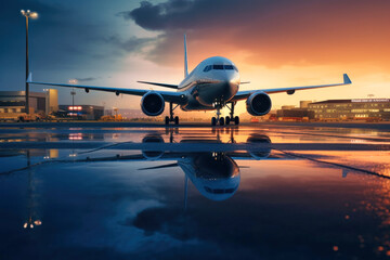A passenger plane lands against the backdrop of sunset at the airport. Travel and tourism.