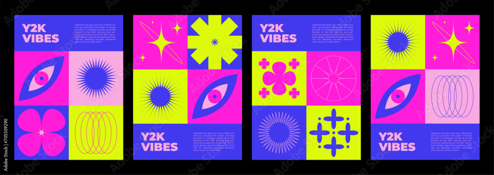 Poster y2k retro style poster design template with bright neon colored abstract simple groovy sticker. vect